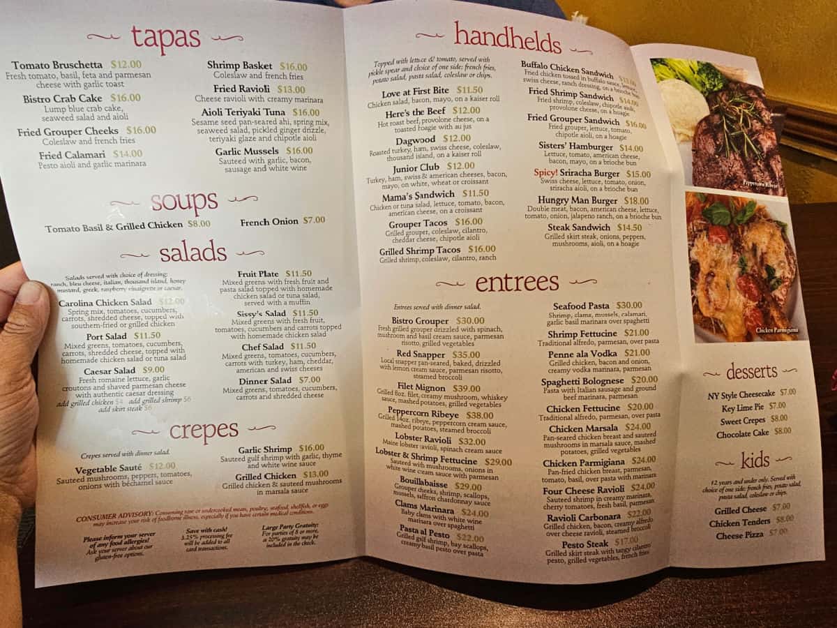 Sister's Bistro menu with tapas, soup, salad, crepes, handheld, and entrees