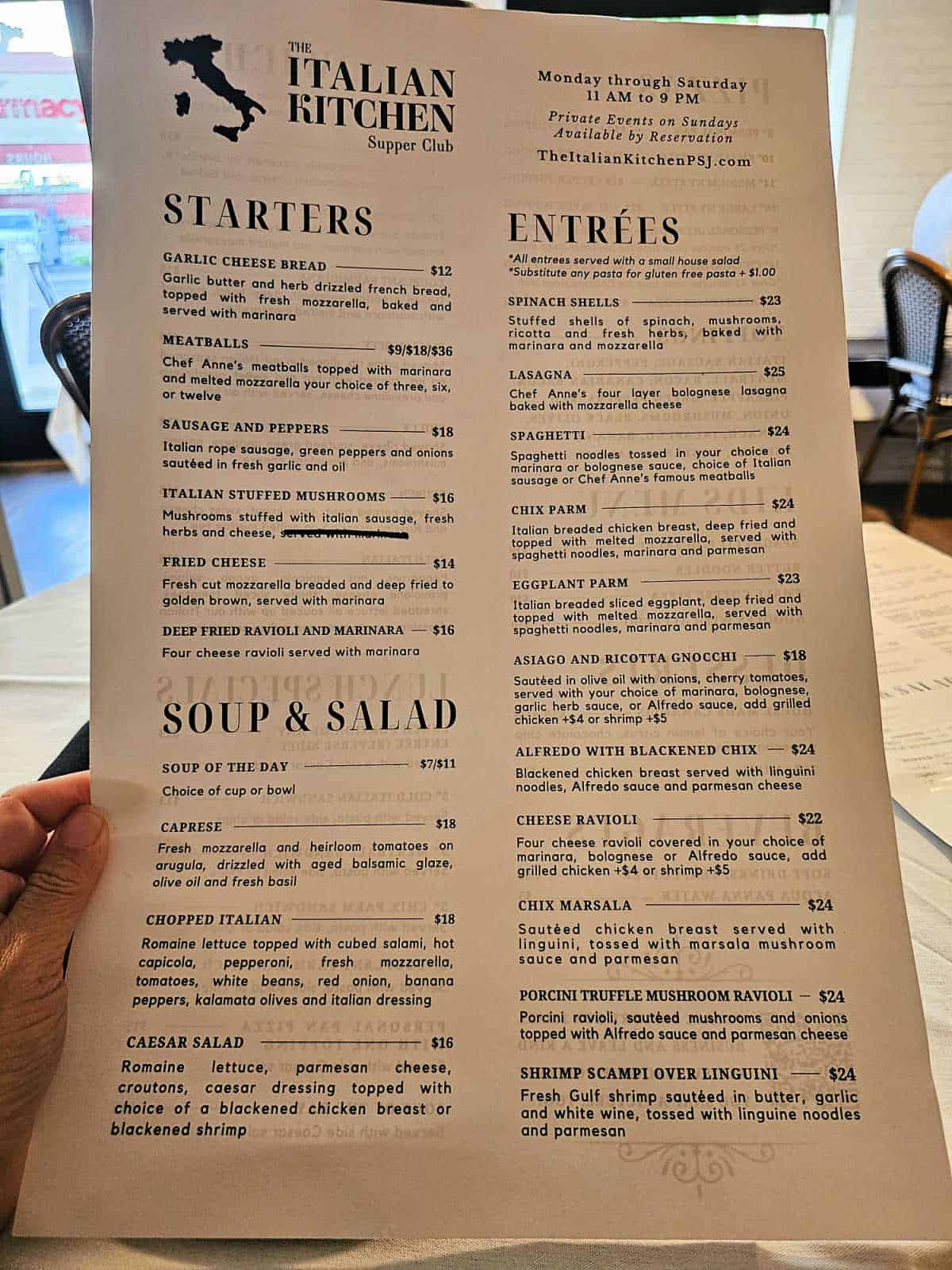 The Italian Kitchen Supper Club starter soup and salad and entree menu