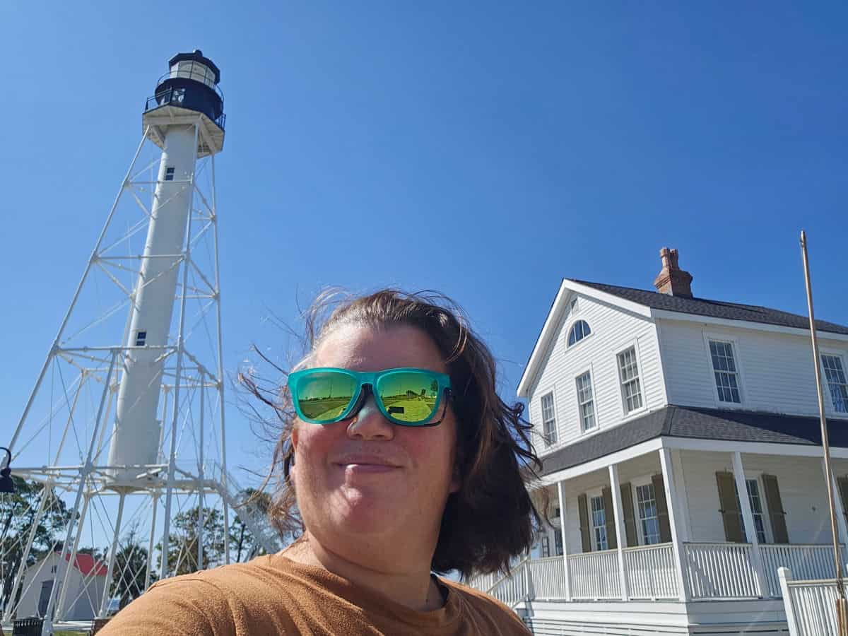 Tammilee in front of Cape San blas lighthouse