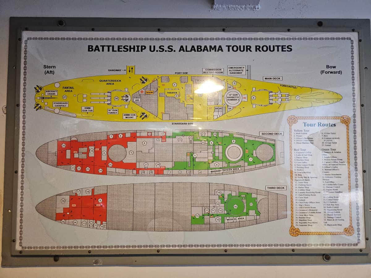 Battleship USS Alabama Tour Routes on three levels of the ship in yellow, red, and green
