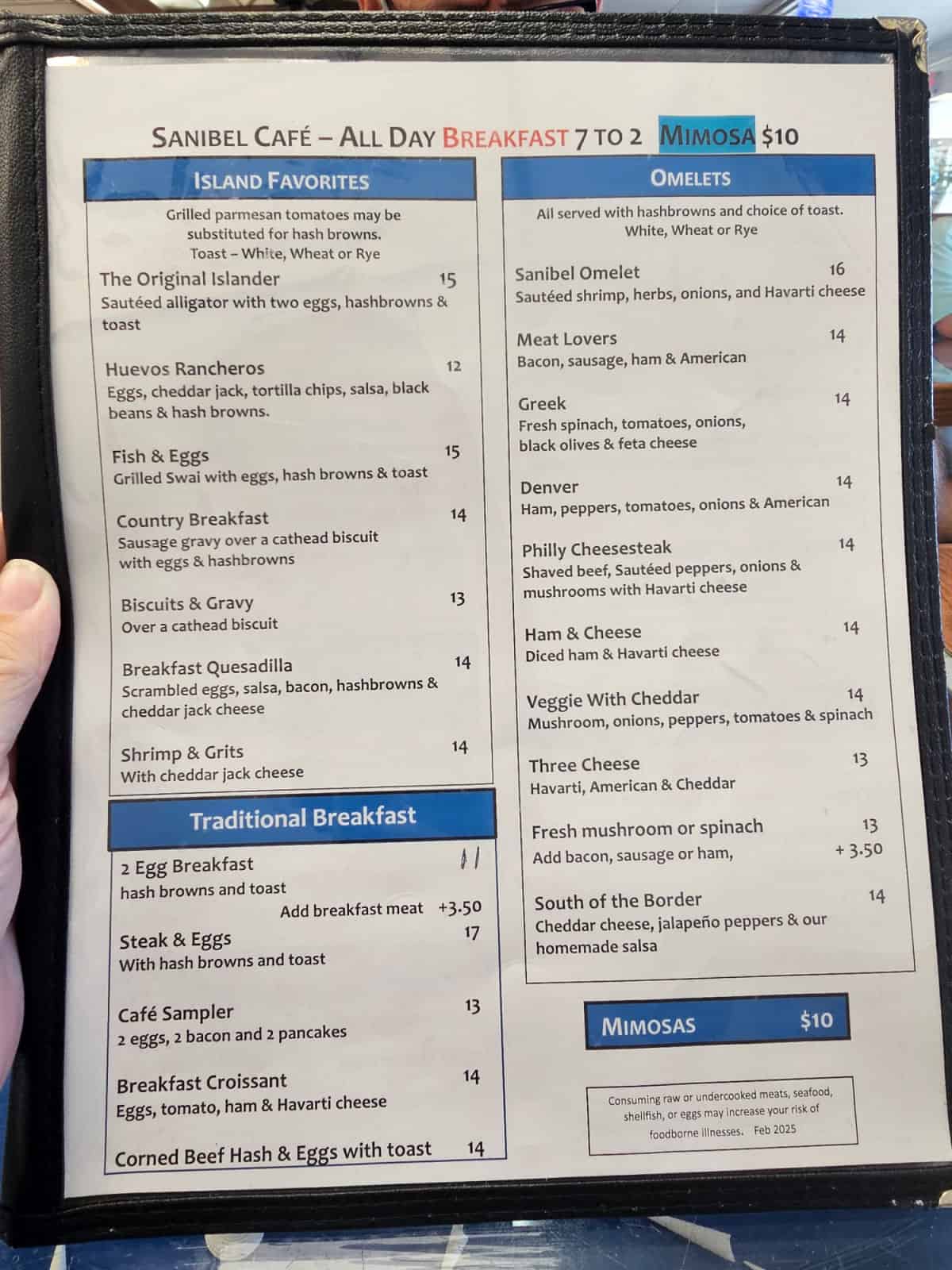 sanibel cafe island favorites and omelet menu