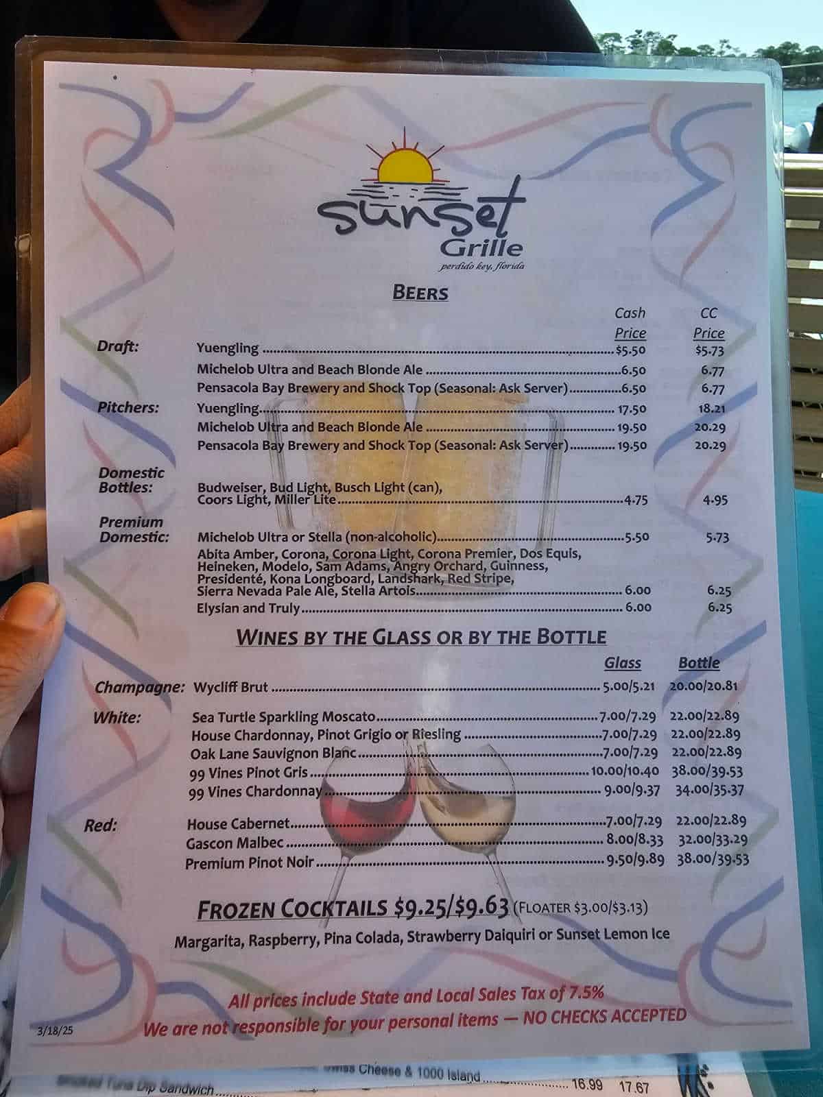 sunset grill beers and wine by the glass menu