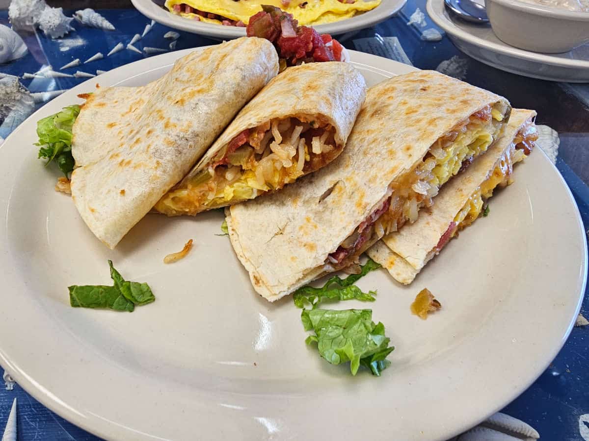breakfast quesadilla on a white plate