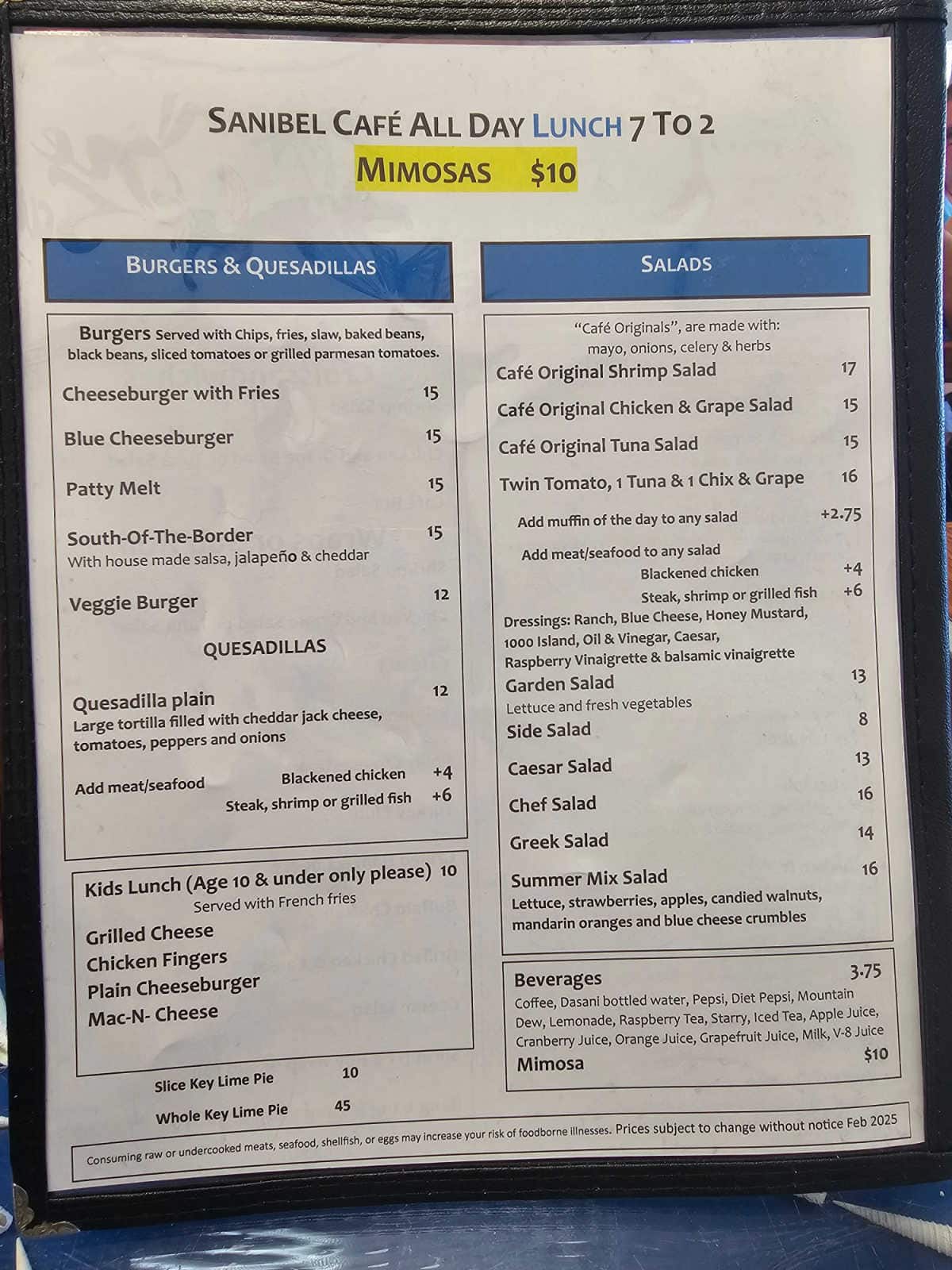 sanibel cafe burger, salad, and quesadilla menu