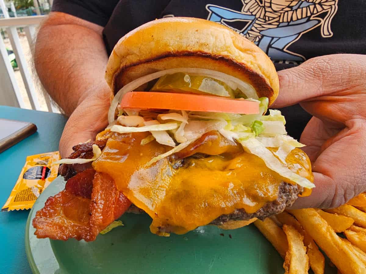 hands holding a bacon cheeseburger over fries on a green plate