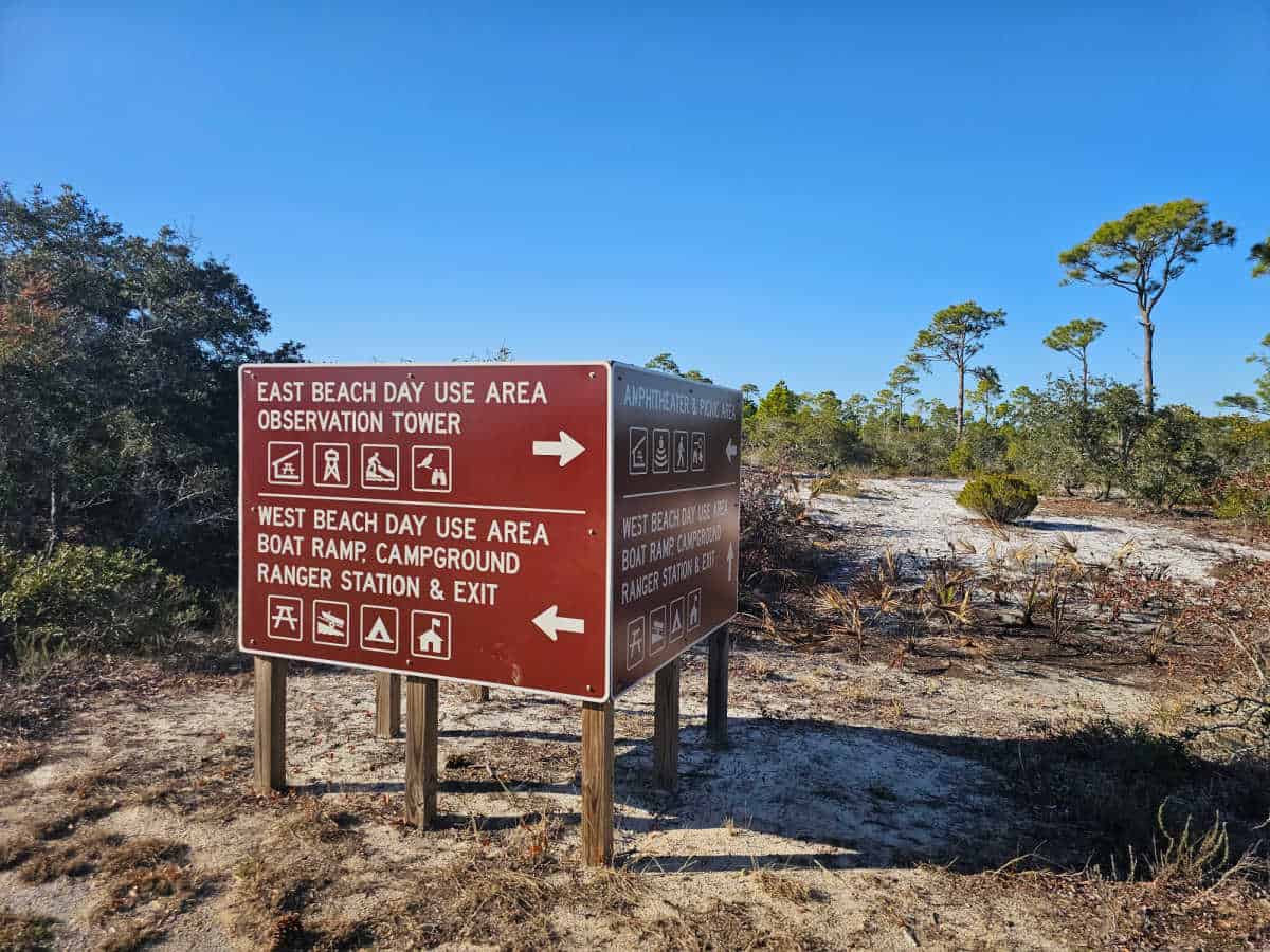 directional sign to east beach day use area and observation area in Big Lagoon State Park