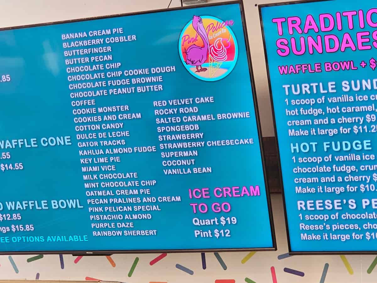 Pink Pelican ice cream bar menu with flavors