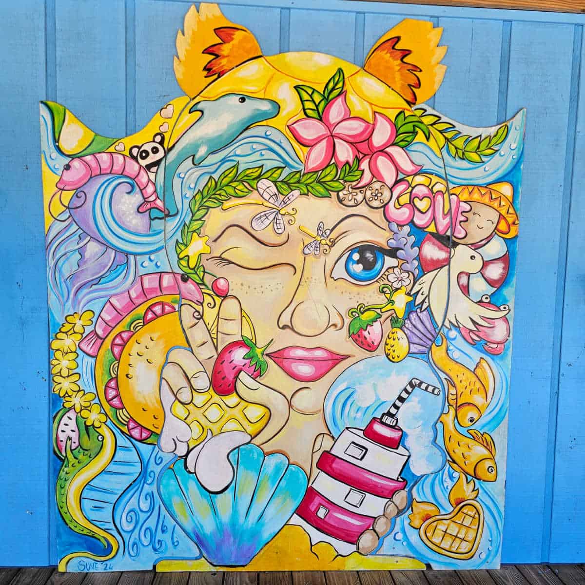 mural on a blue wall