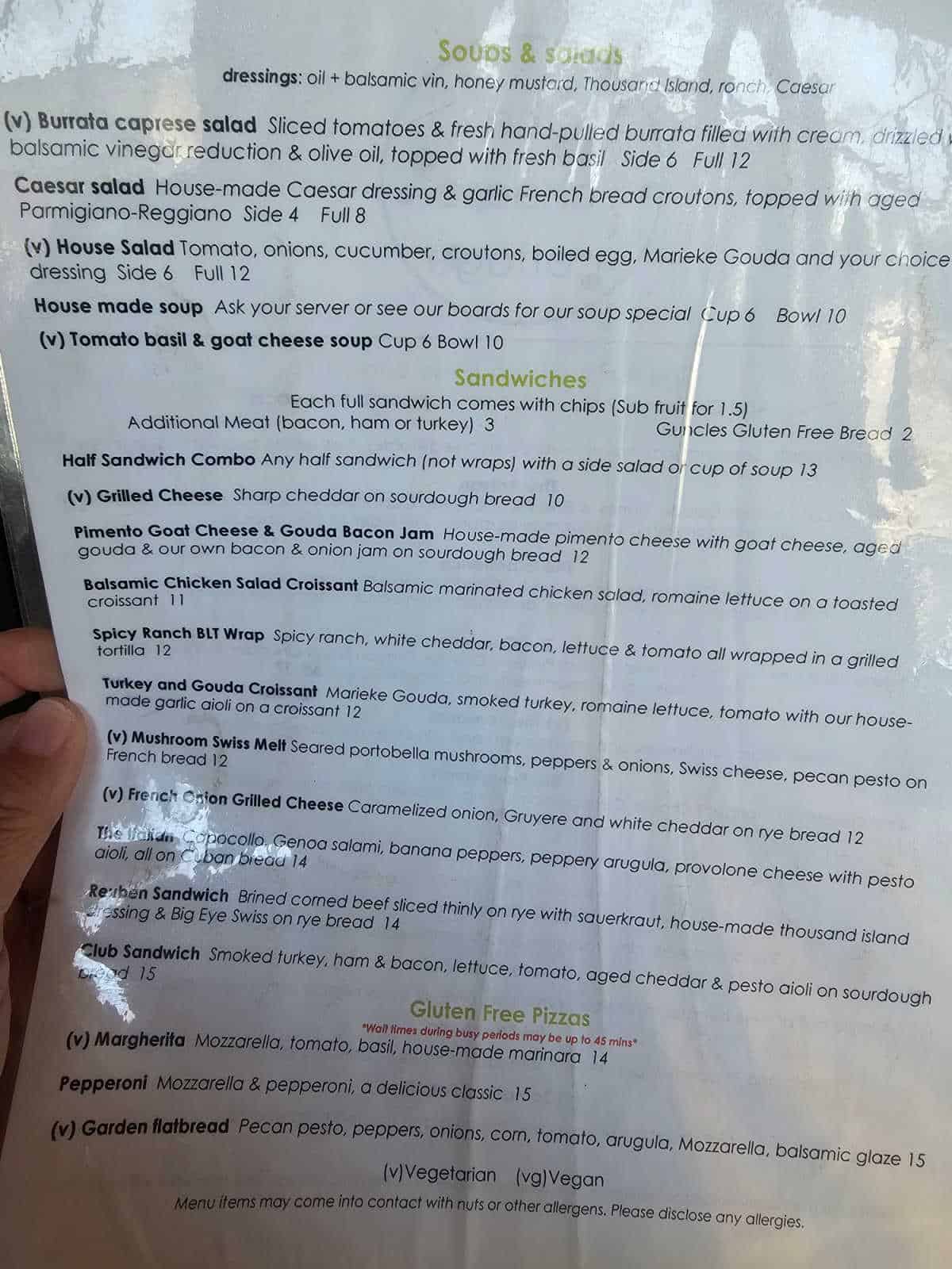 The Cheese Cottage menu with soup and salads, sandwiches, gluten free pizzas