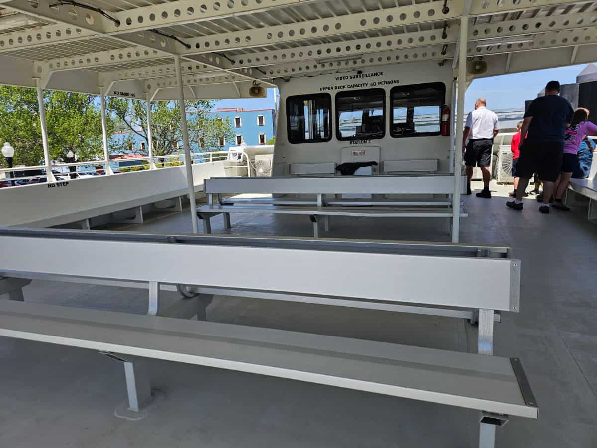 bench seating on the top level of Pensacola Bay Ferry