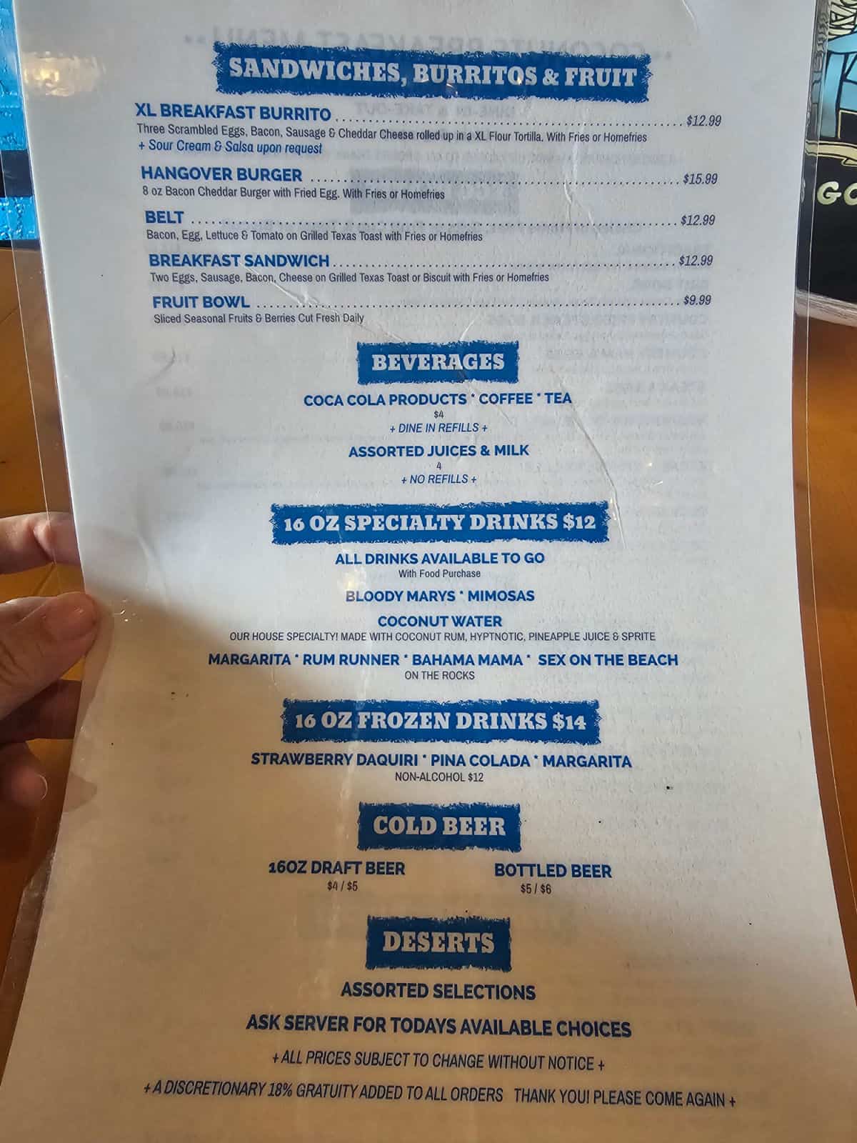 Coconuts Bar & Grill menu for sandwiches, burritos, and drinks