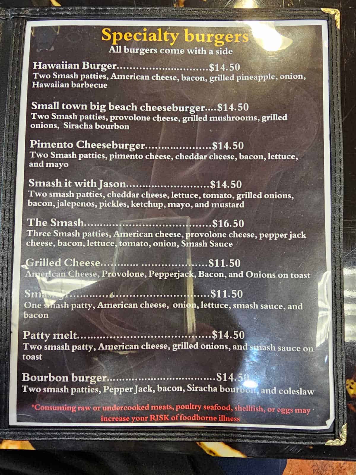 Pho Mo Menu with specialty burgers