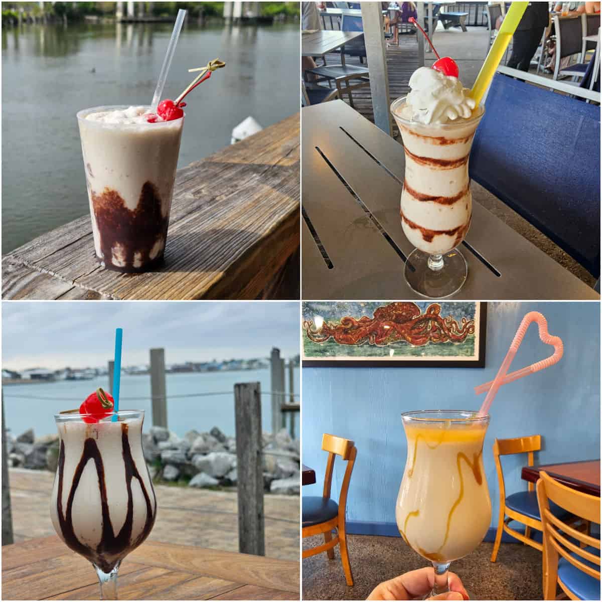 Collage of bushwacker cocktails from LuLu's, Shrimp Basket, Cobalt, and DeSoto's Seafood in Gulf Shores and Orange Beach
