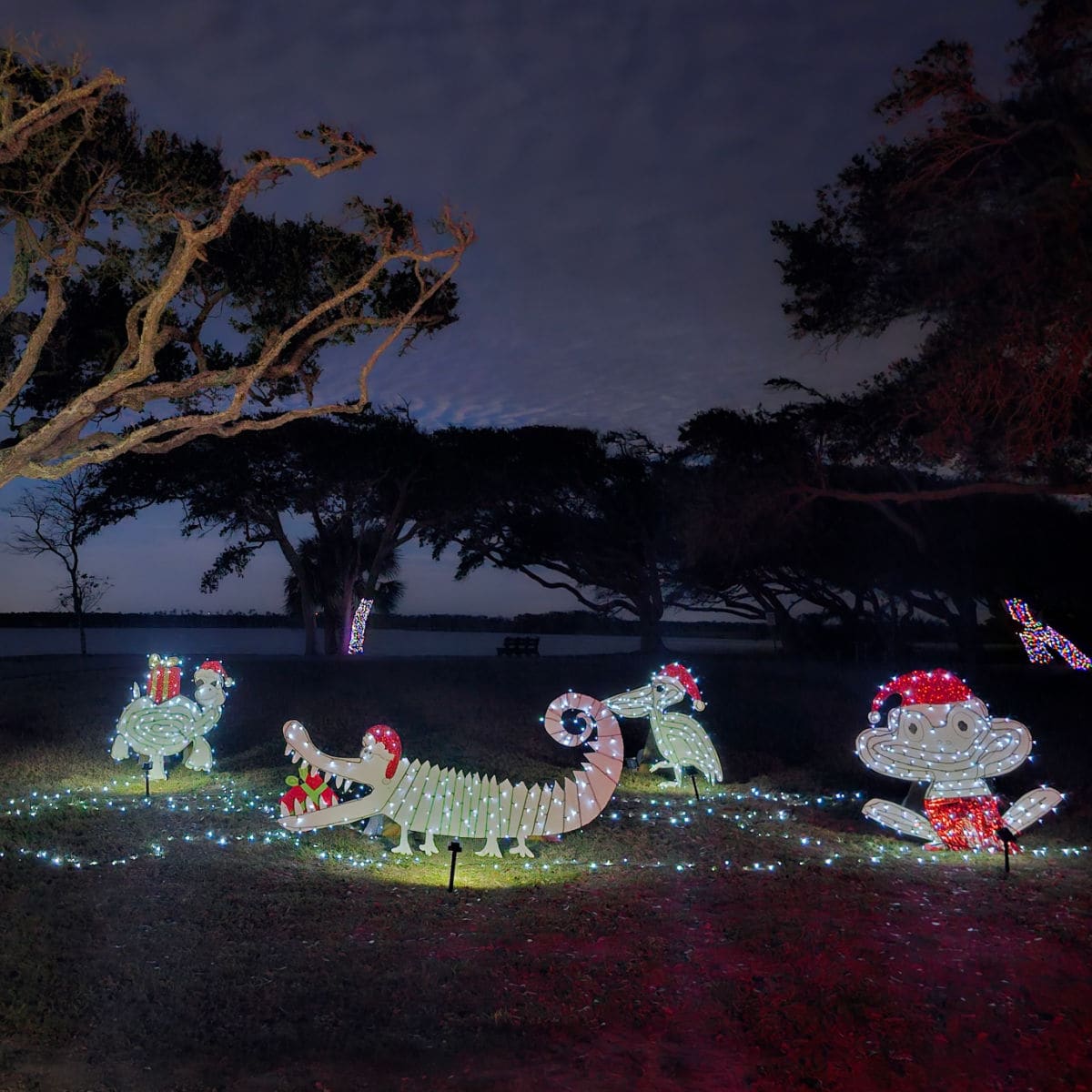 Lighted turtle, alligator, pelican, and frog at Lake Shelby in Gulf State Park with trees behind them.