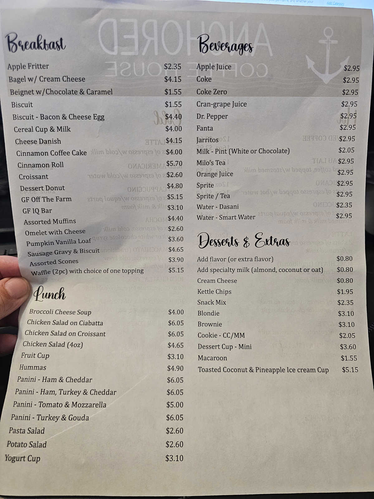 Breakfast and lunch menu with beverages at Anchored Coffee House
