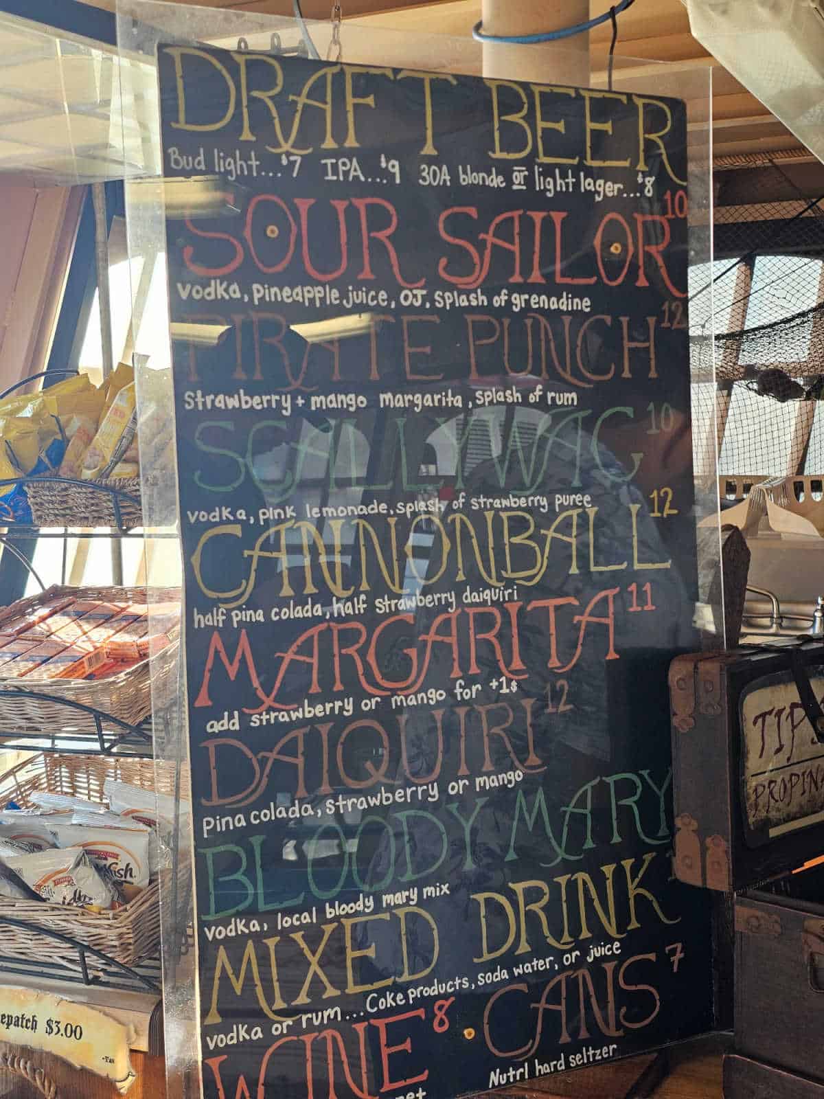buccaneer pirate ship drink menu