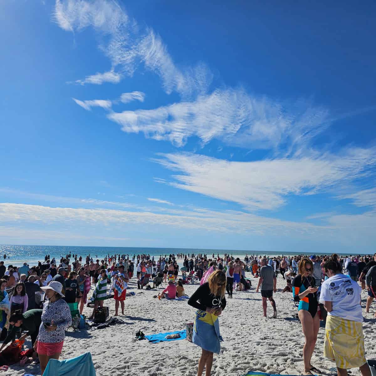 People on the beach in swimsuits and costumes on a sunny day with light clouds for the Gulf Shores Polar Bear Dip