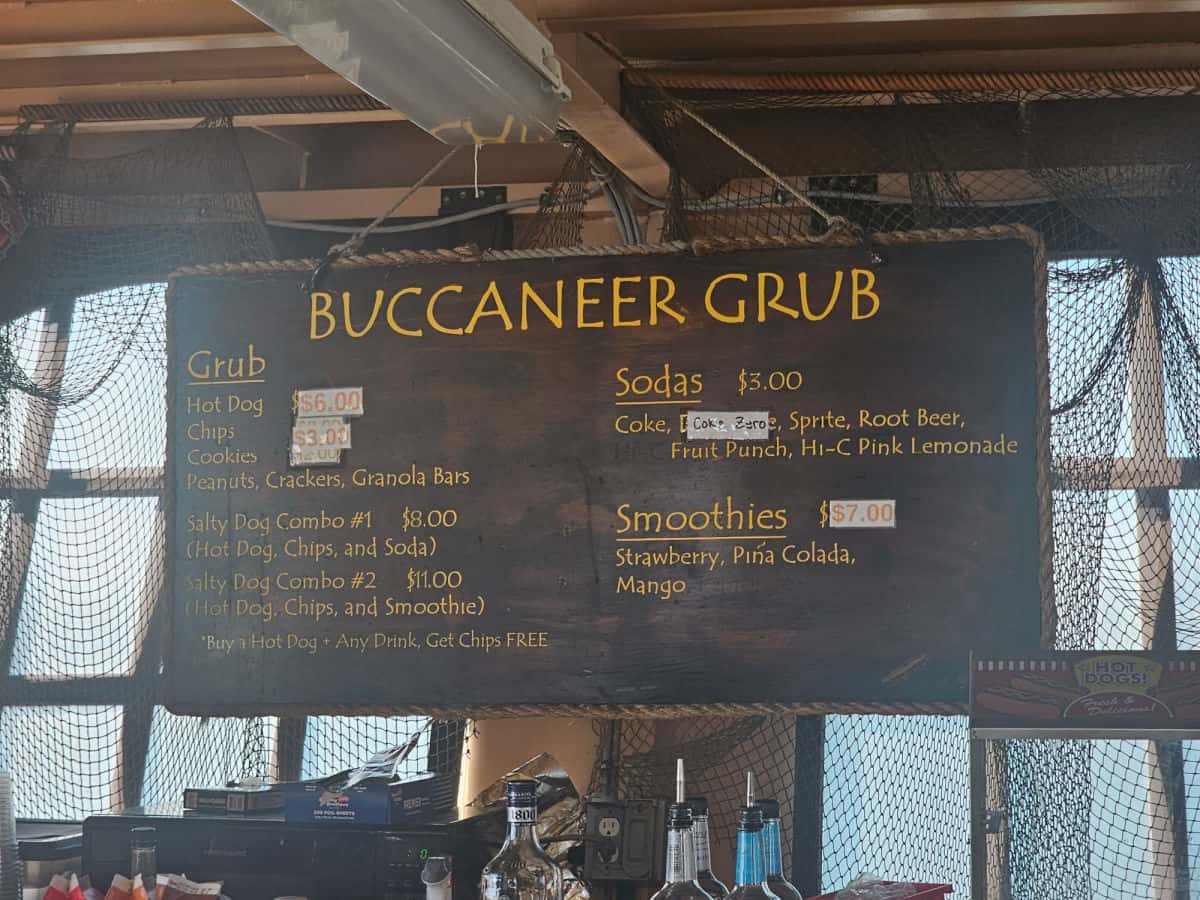 Buccaneer grub snack and drink menu