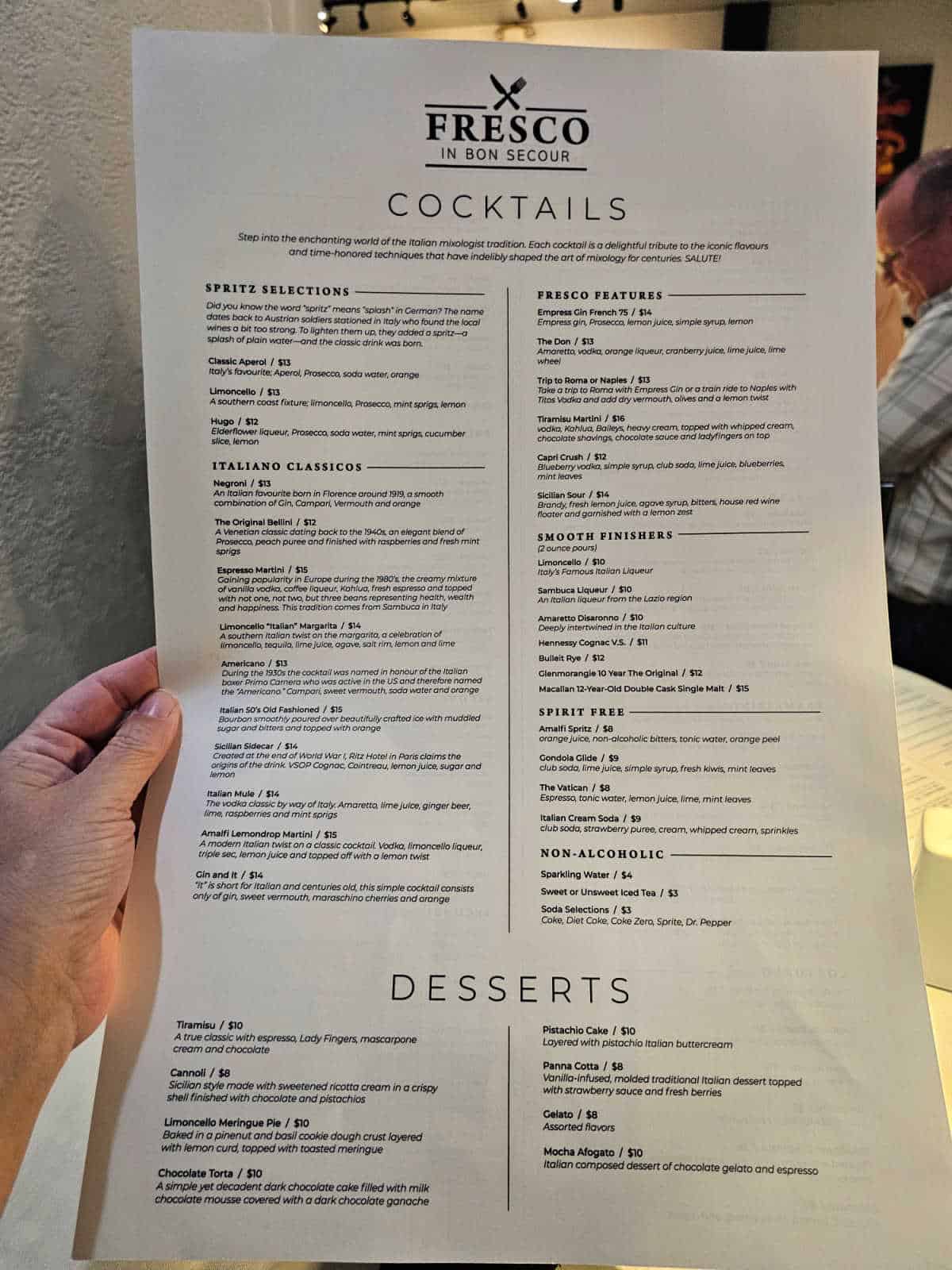 Fresco in Bon Secour Cocktails and Dessert Menu