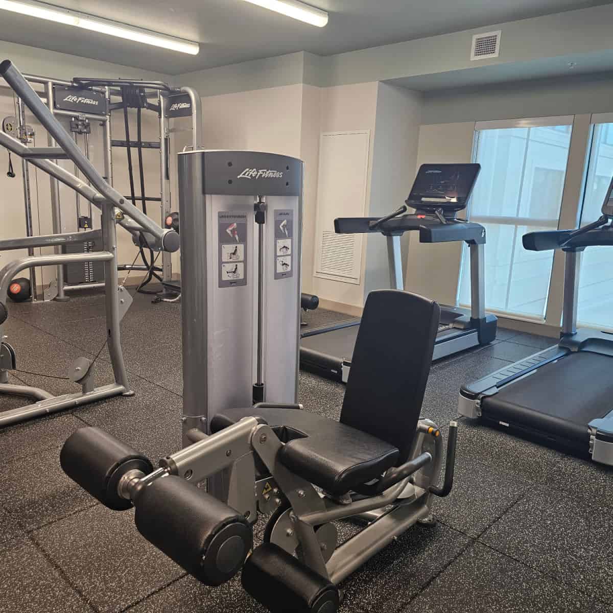 fitness center with treadmill, weight machines at hotel effie