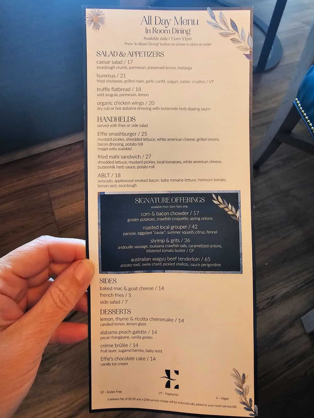 all day menu in room dining for hotel effie