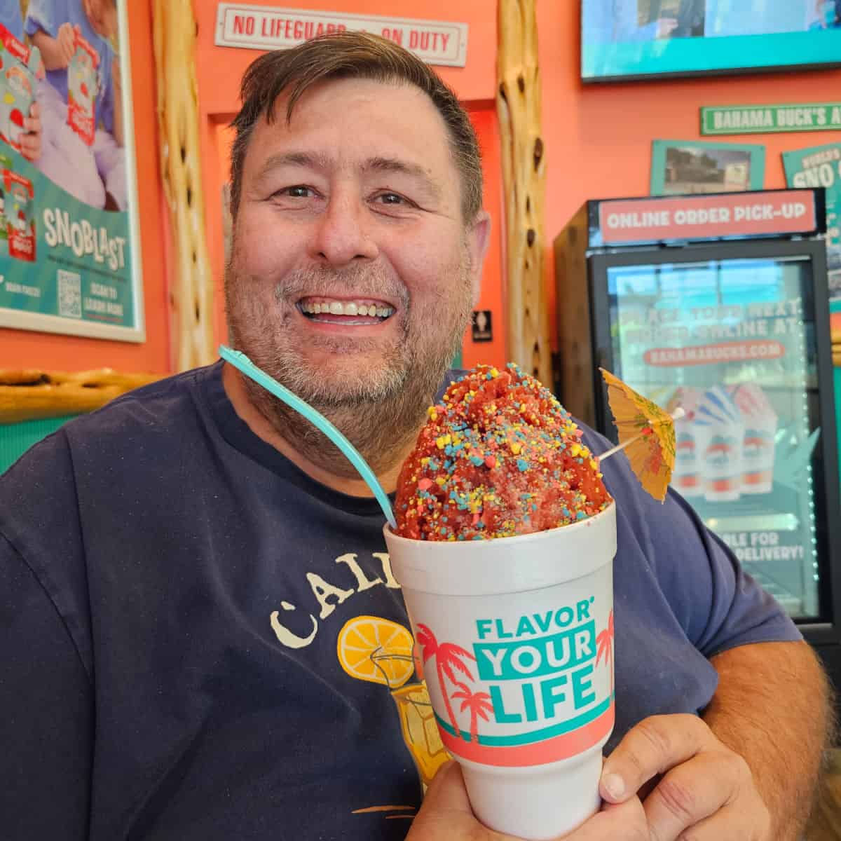 John at Bahama Bucks with a sno covered in pop rocks