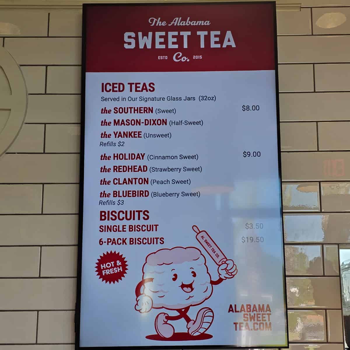 The Alabama Sweet Tea Co menu with iced tea and biscuits