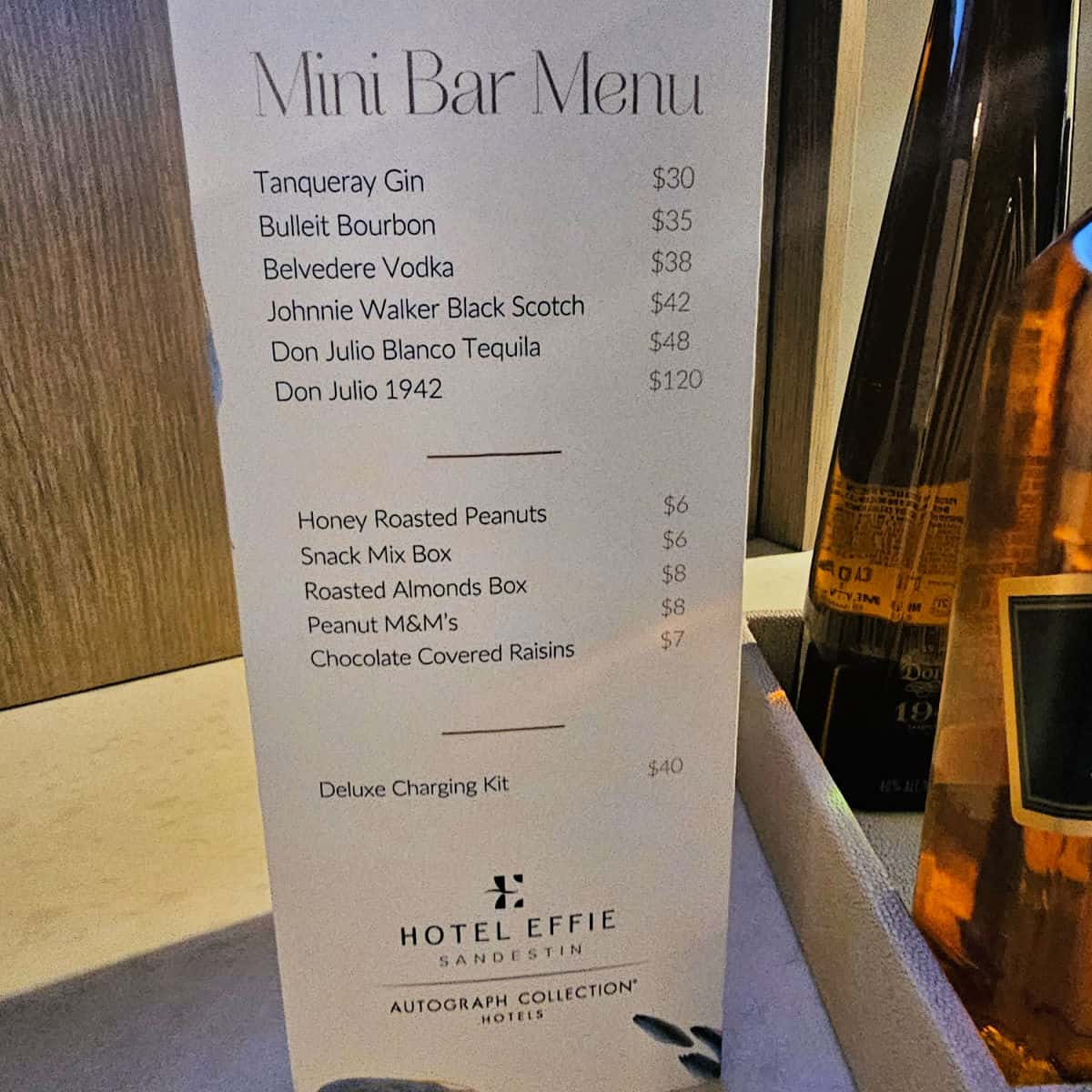 mini bar menu with bottle and snack prices