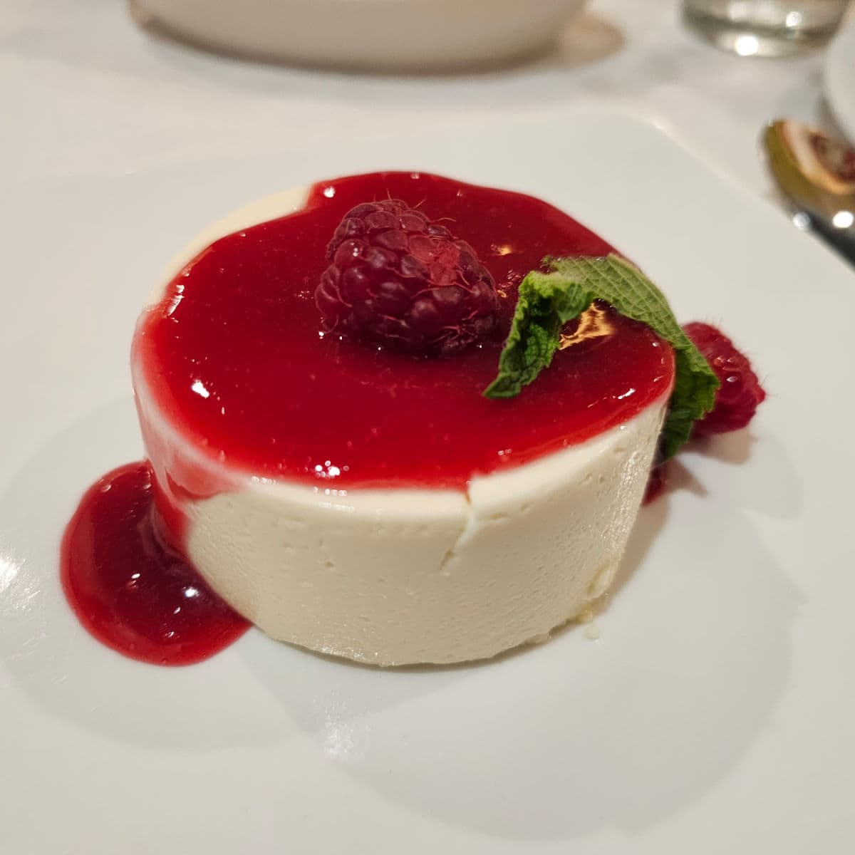 Panna Cotta with strawberry sauce and a fresh raspberry on a white plate at Fresco in Bon Secour