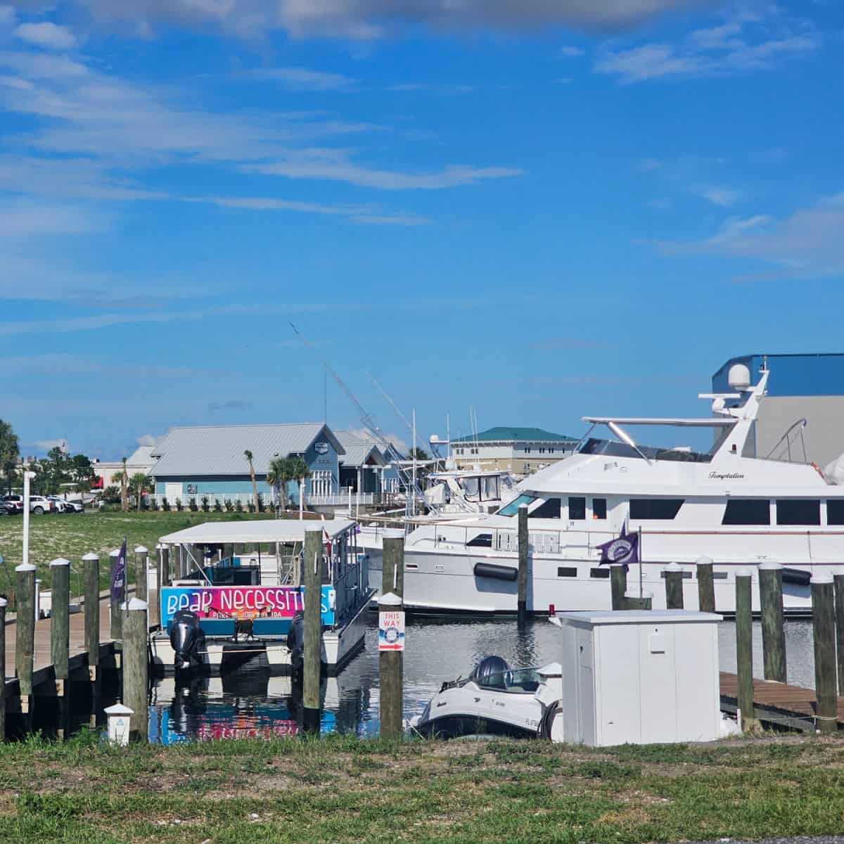 port st joe marina with small and large boats along the edge and buildings in the background