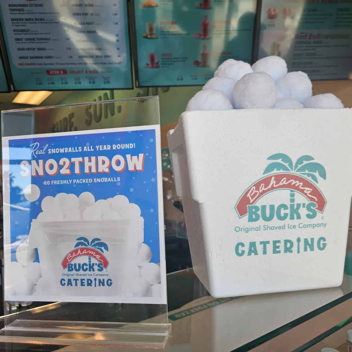 Bahama Bucks cooler with snowballs and a sign about year round snowballs available