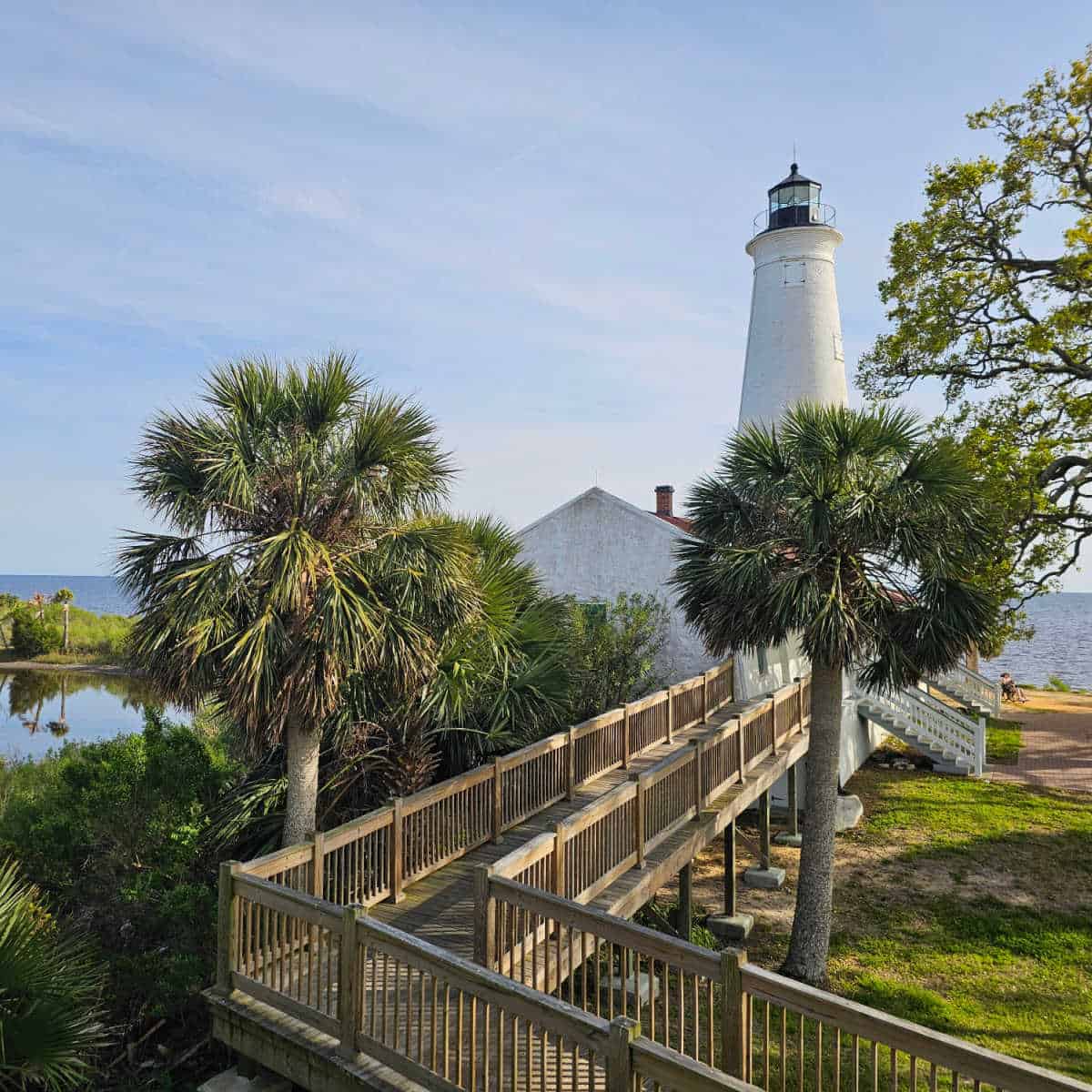 St Marks Lighthouse with a wooden ramp leading up to the keepers house and the top of the lighthouse seen through the trees