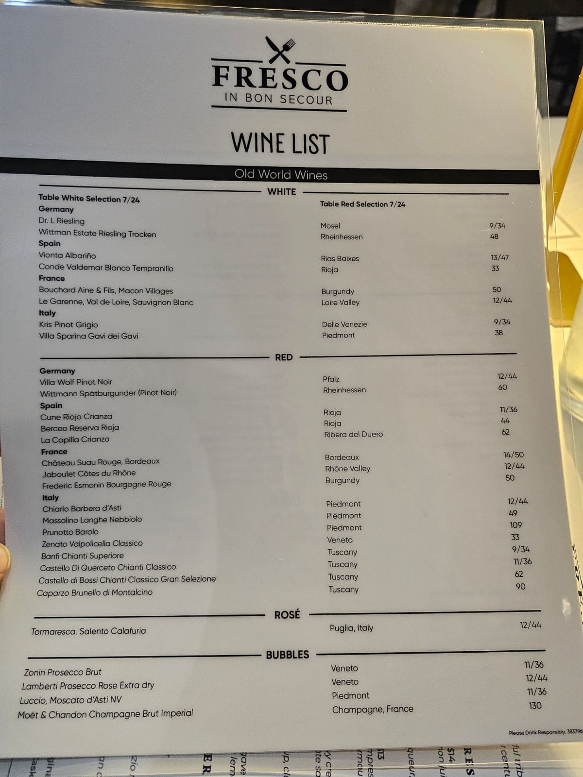 Fresco in Bon Secour Wine list with old world wines, white, red, rose, and bubbles