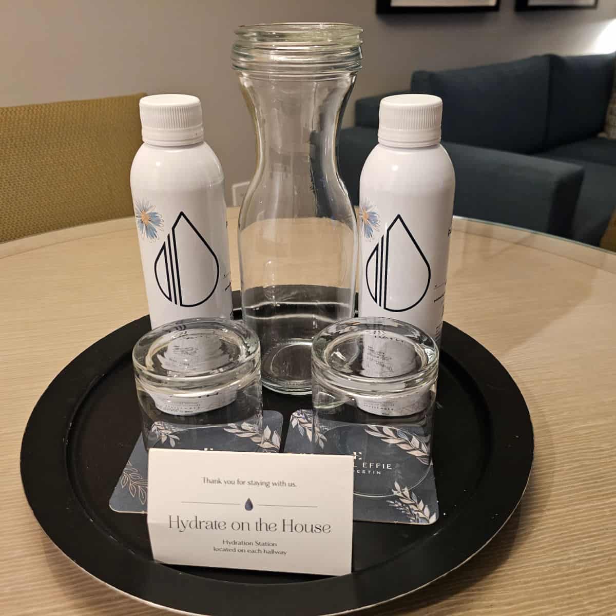 path water bottles next to a carafe and 2 glasses