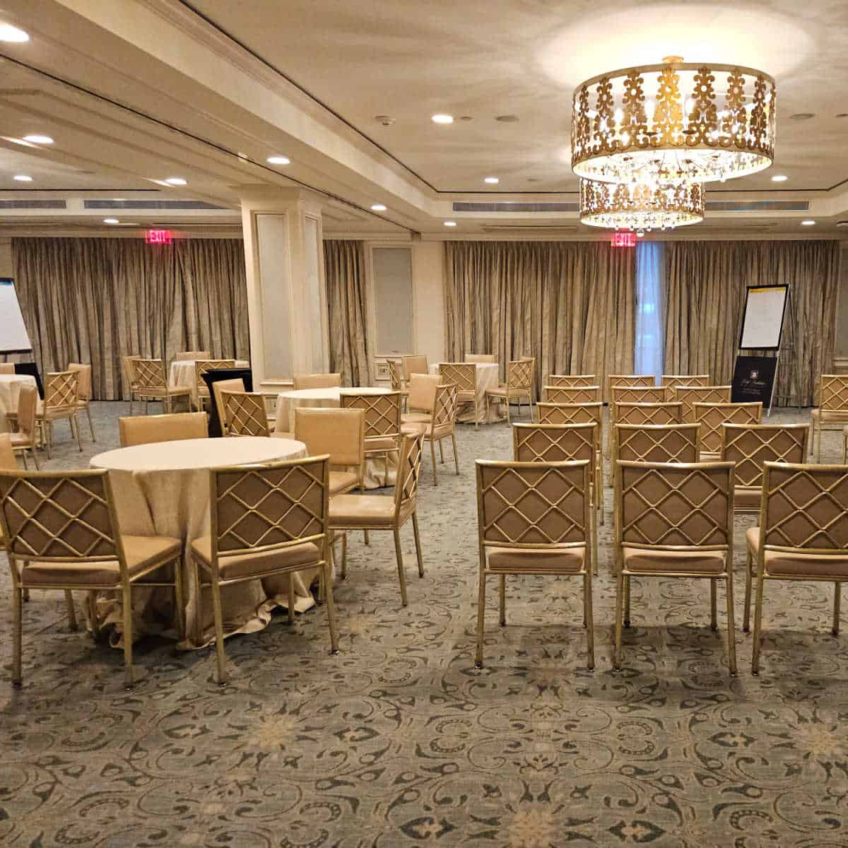 Hotel Montleone meeting room with chairs, presentation area, and gorgeous chandeliers