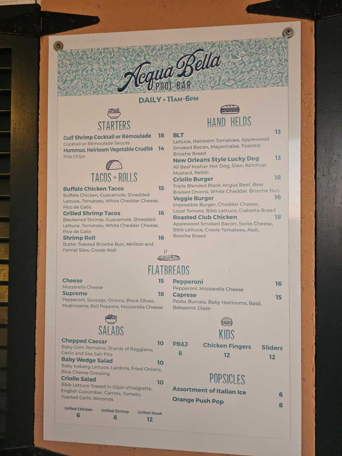 Acqua Bella Pool Bar Menu