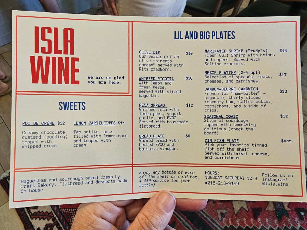 Isla Wine Menu with sweets and lil and big plats