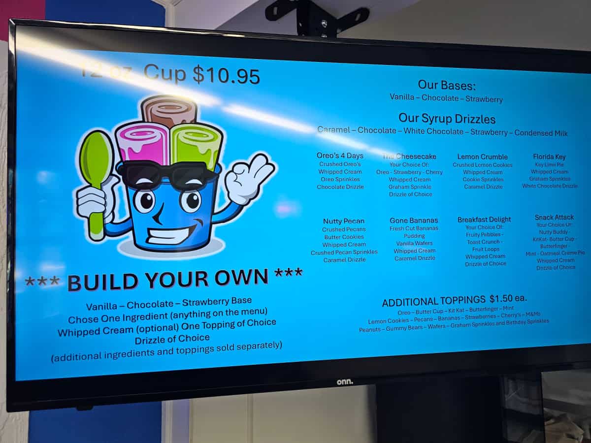 Spoonz Ice cream menu with logo and list of build your own options