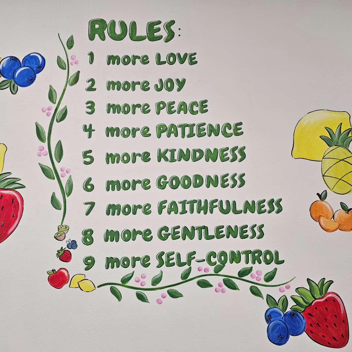 rules with 9 listed at fruitful with fruit on the wall