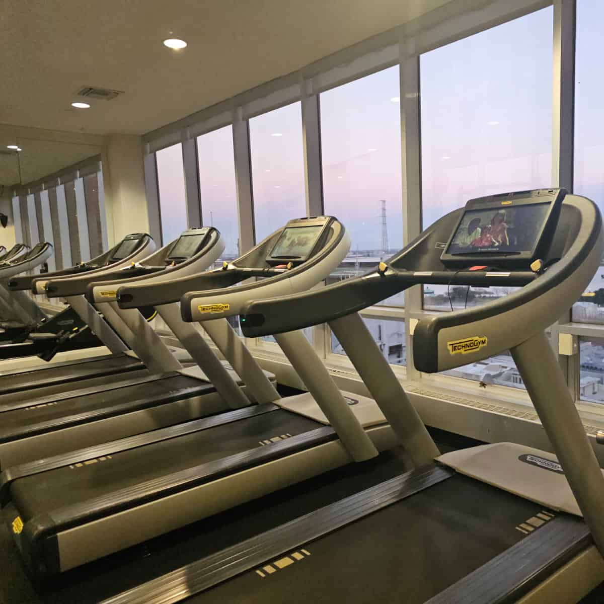 treadmills lined up near a window looking out to the Mississippi River