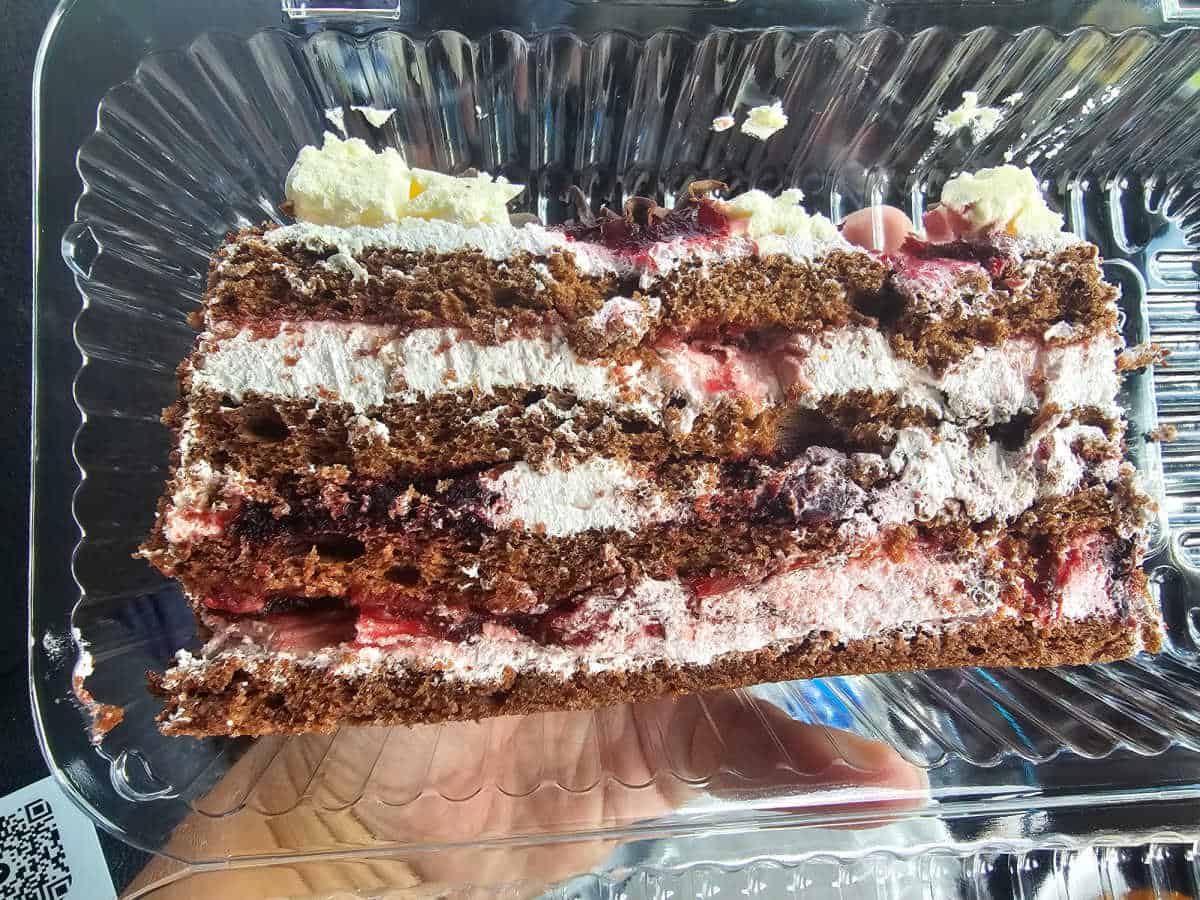 German Black Forest Cake in a plastic container