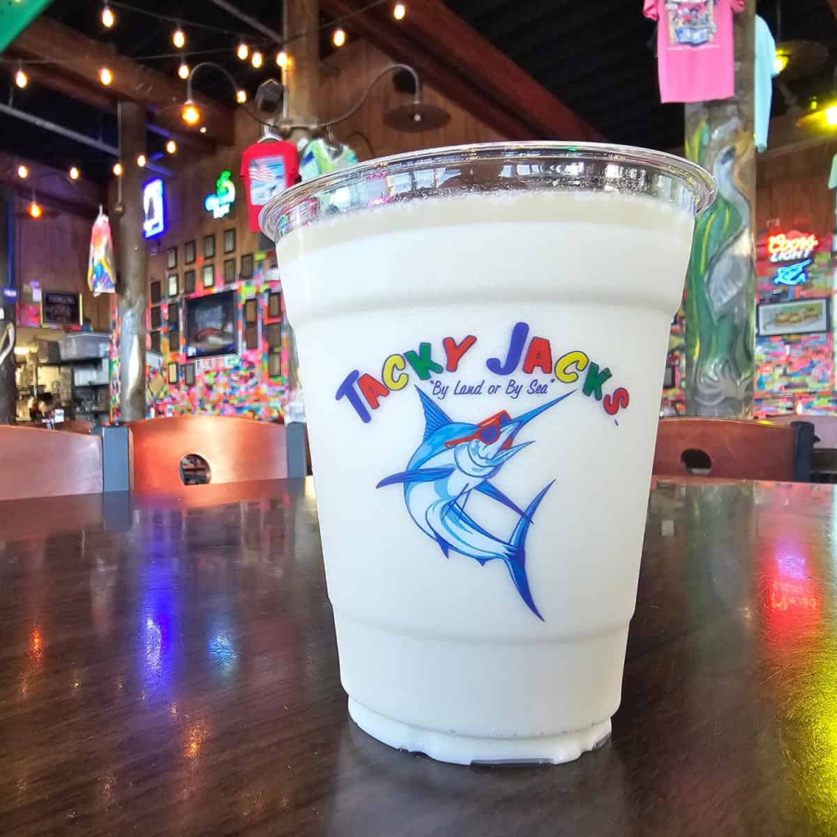 Tacky Jack's Bushwacker on a wooden table