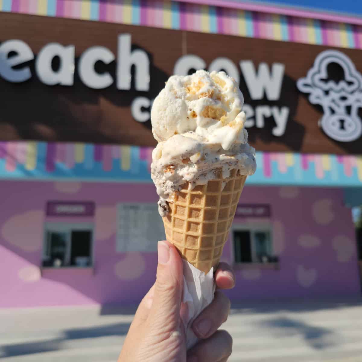 hand holding a two scoop ice cream in a waffle cone in front of Beach Cow Creamery