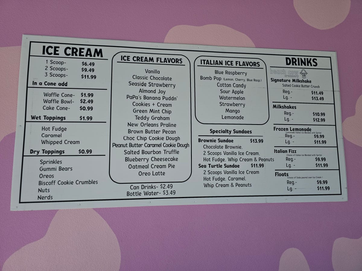 Beach Cow Creamery menu with ice cream, flavors, Italian Ice flavors, and drinks