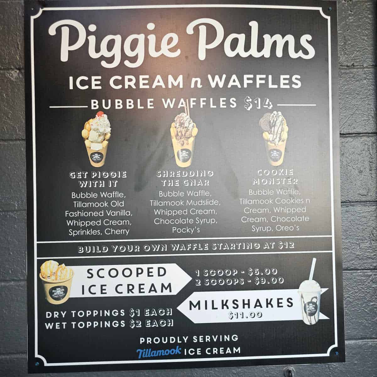 Piggie Palms Ice Cream N Waffles menu with bubble waffles and ice cream