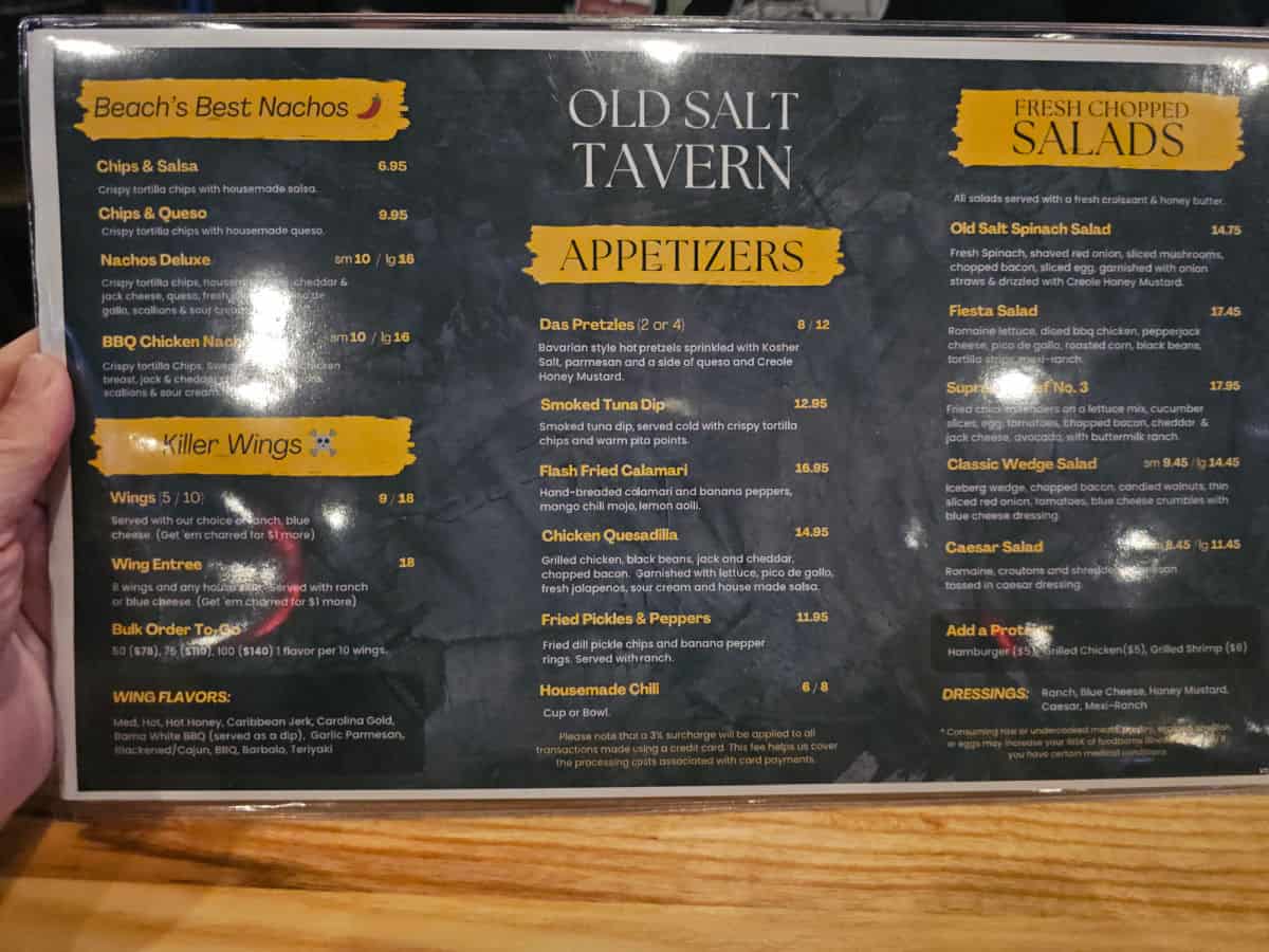 Old Salt Tavern Menu with nachos, wings, appetizers, and salads