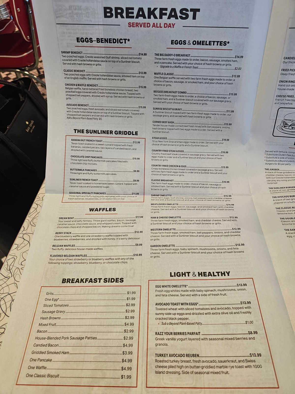 Sunliner Diner breakfast menu with eggs benedict, eggs & omelettes, Waffles, griddle, breakfast sides and light and healthy options