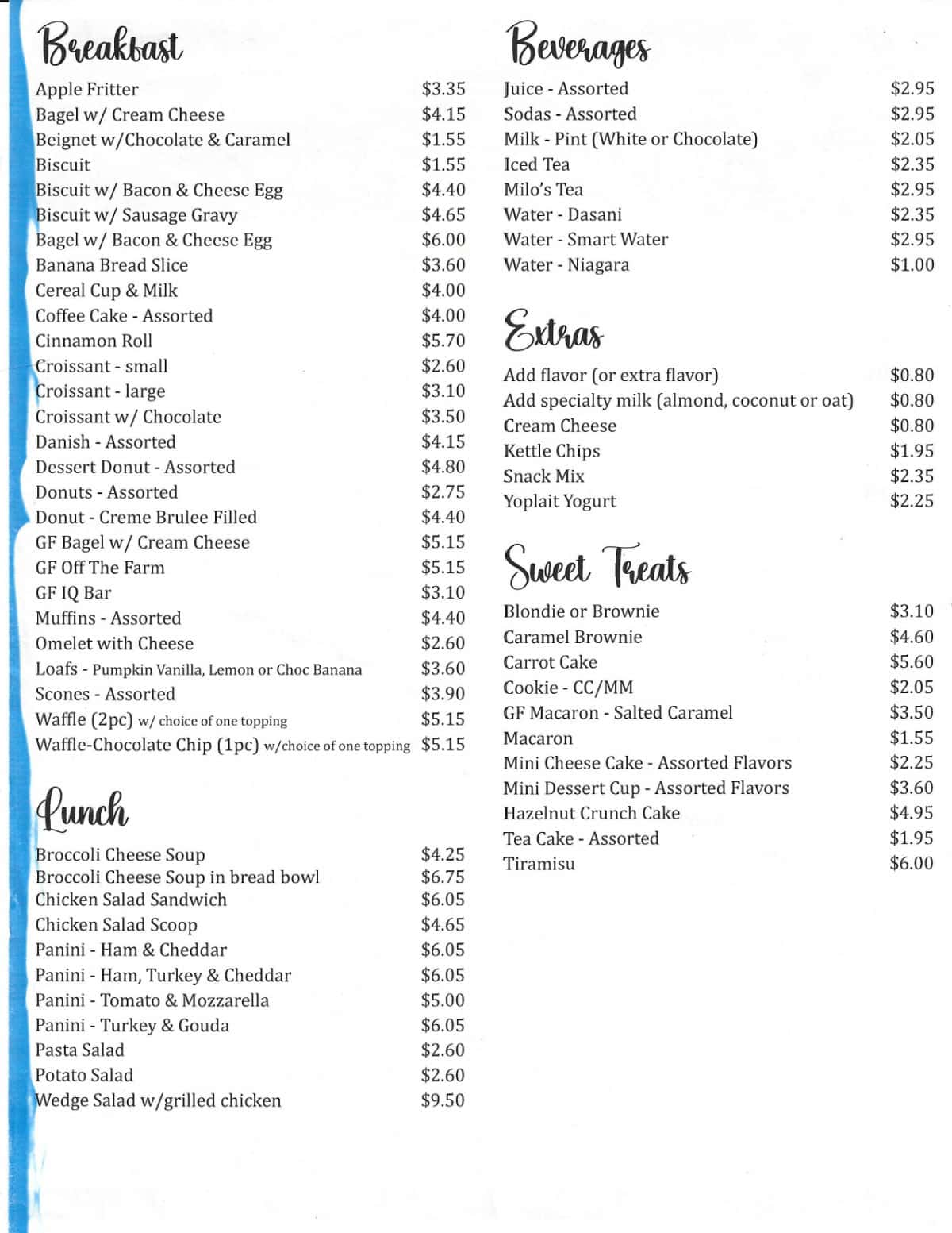 Anchored Coffee Menu with breakfast, lunch, beverages, extras and sweet treats on it