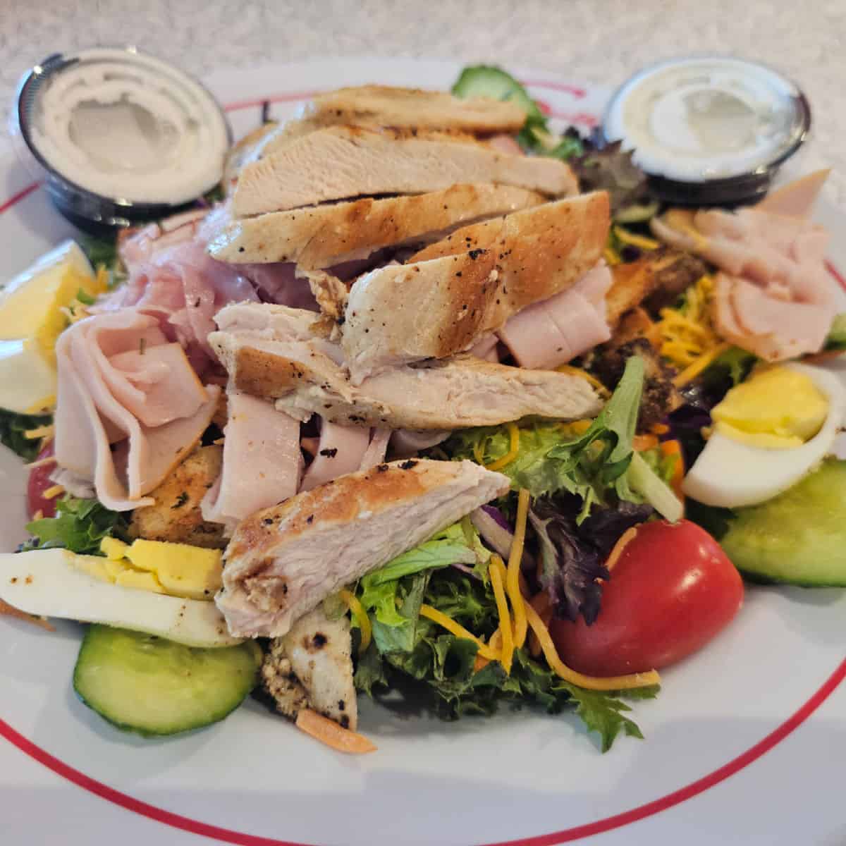 chef salad on a white plate with a red circle