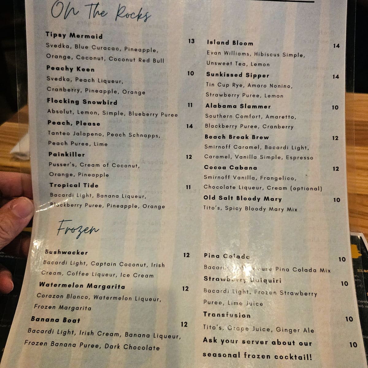 Old Salt Tavern cocktail menu with on the rocks and frozen drinks
